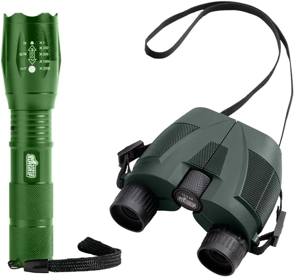 Gorilla Grip Tactical Flashlight and Compact Binoculars, Flashlight is Water Resistant, Binoculars are Adjustable and Includes Neck Strap, Both in Green Color