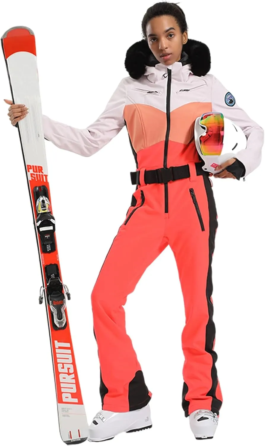 GSOU SNOW Ski Suit Womens One Piece Snowsuit Snowboard Jacket Slim Snow Jumpsuit Faux Fur Ski Outfit Waterproof Windproof