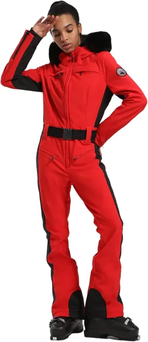 GSOU SNOW Ski Suit Womens One Piece Snowsuit Snowboard Jacket Slim Snow Jumpsuit Faux Fur Ski Outfit Waterproof Windproof
