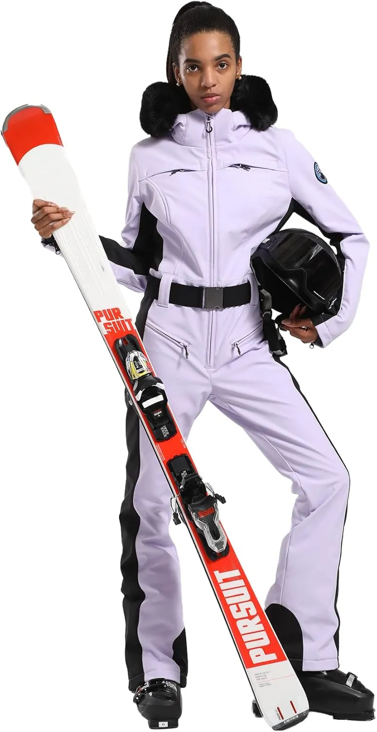 GSOU SNOW Ski Suit Womens One Piece Snowsuit Snowboard Jacket Slim Snow Jumpsuit Faux Fur Ski Outfit Waterproof Windproof