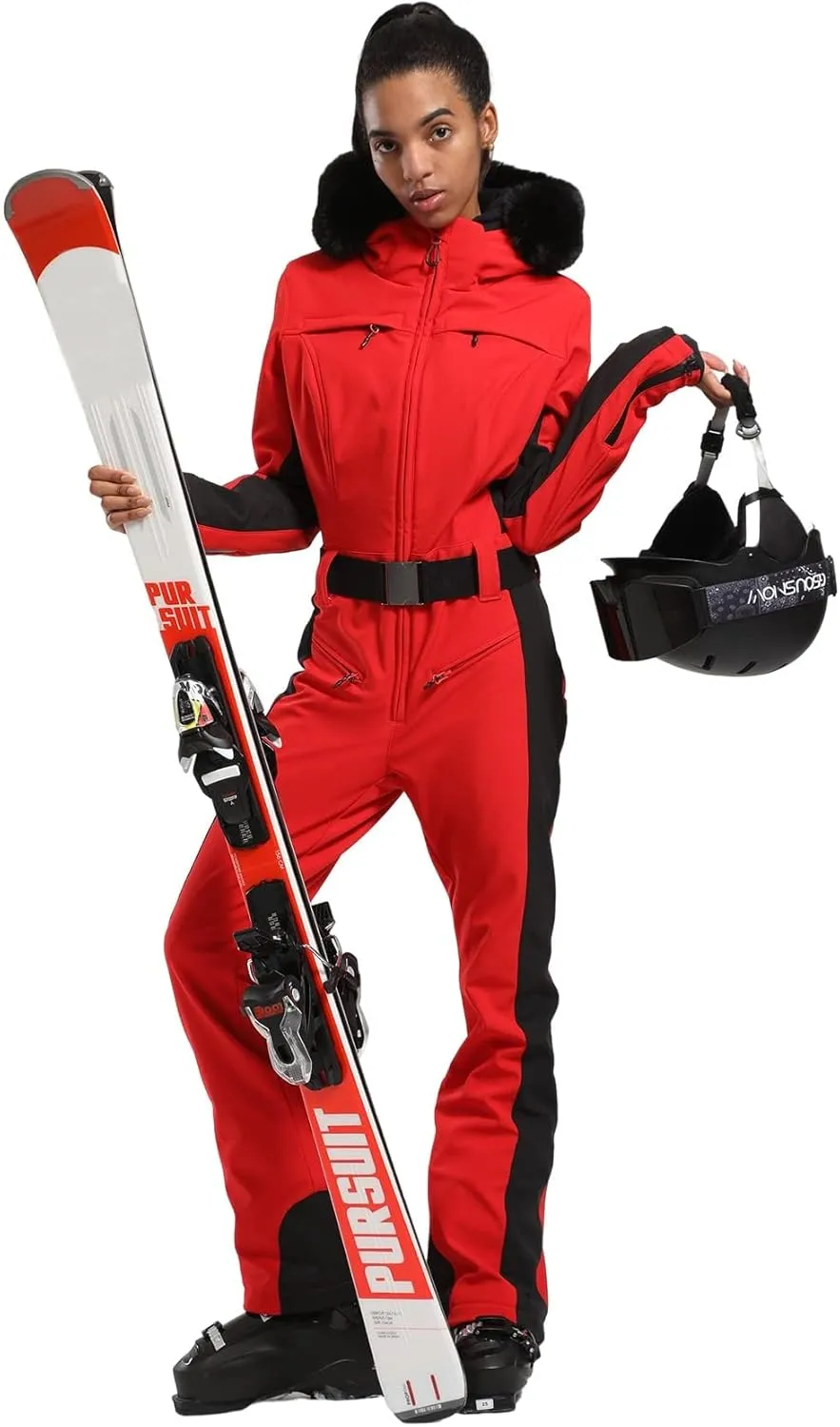 GSOU SNOW Ski Suit Womens One Piece Snowsuit Snowboard Jacket Slim Snow Jumpsuit Faux Fur Ski Outfit Waterproof Windproof