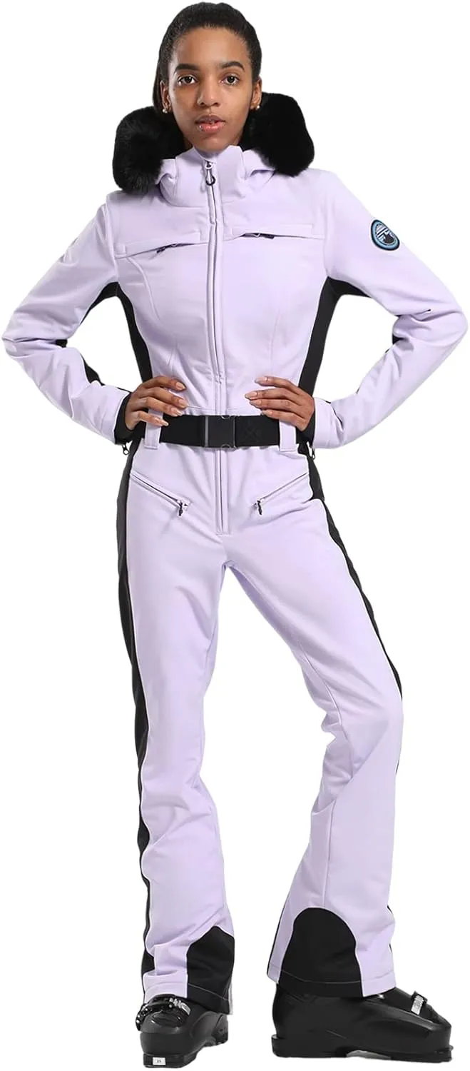 GSOU SNOW Ski Suit Womens One Piece Snowsuit Snowboard Jacket Slim Snow Jumpsuit Faux Fur Ski Outfit Waterproof Windproof