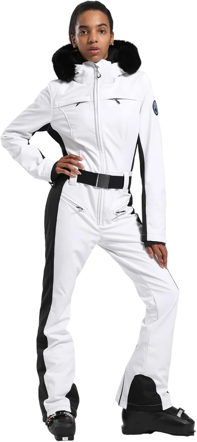 GSOU SNOW Ski Suit Womens One Piece Snowsuit Snowboard Jacket Slim Snow Jumpsuit Faux Fur Ski Outfit Waterproof Windproof