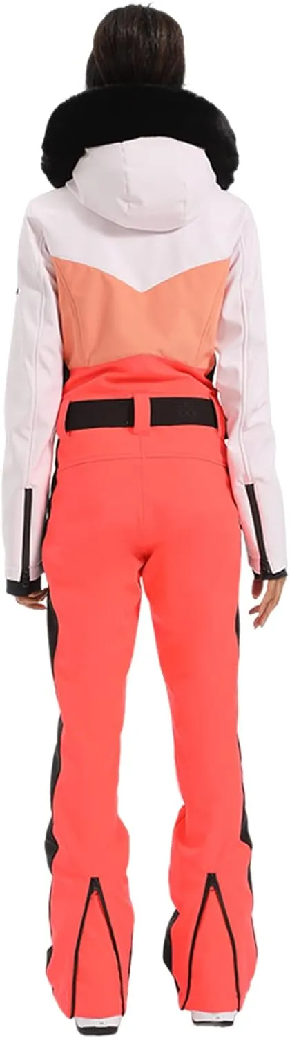 GSOU SNOW Ski Suit Womens One Piece Snowsuit Snowboard Jacket Slim Snow Jumpsuit Faux Fur Ski Outfit Waterproof Windproof