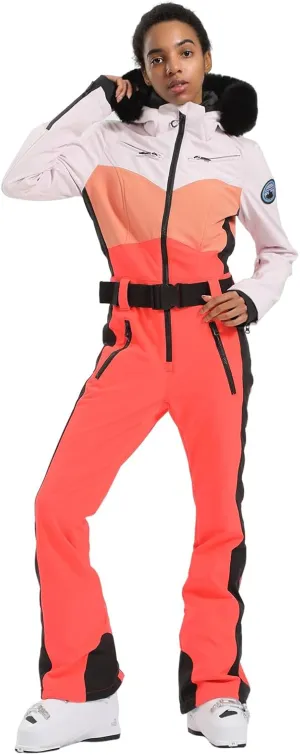 GSOU SNOW Ski Suit Womens One Piece Snowsuit Snowboard Jacket Slim Snow Jumpsuit Faux Fur Ski Outfit Waterproof Windproof