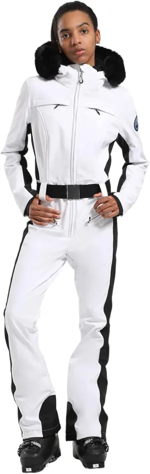 GSOU SNOW Ski Suit Womens One Piece Snowsuit Snowboard Jacket Slim Snow Jumpsuit Faux Fur Ski Outfit Waterproof Windproof
