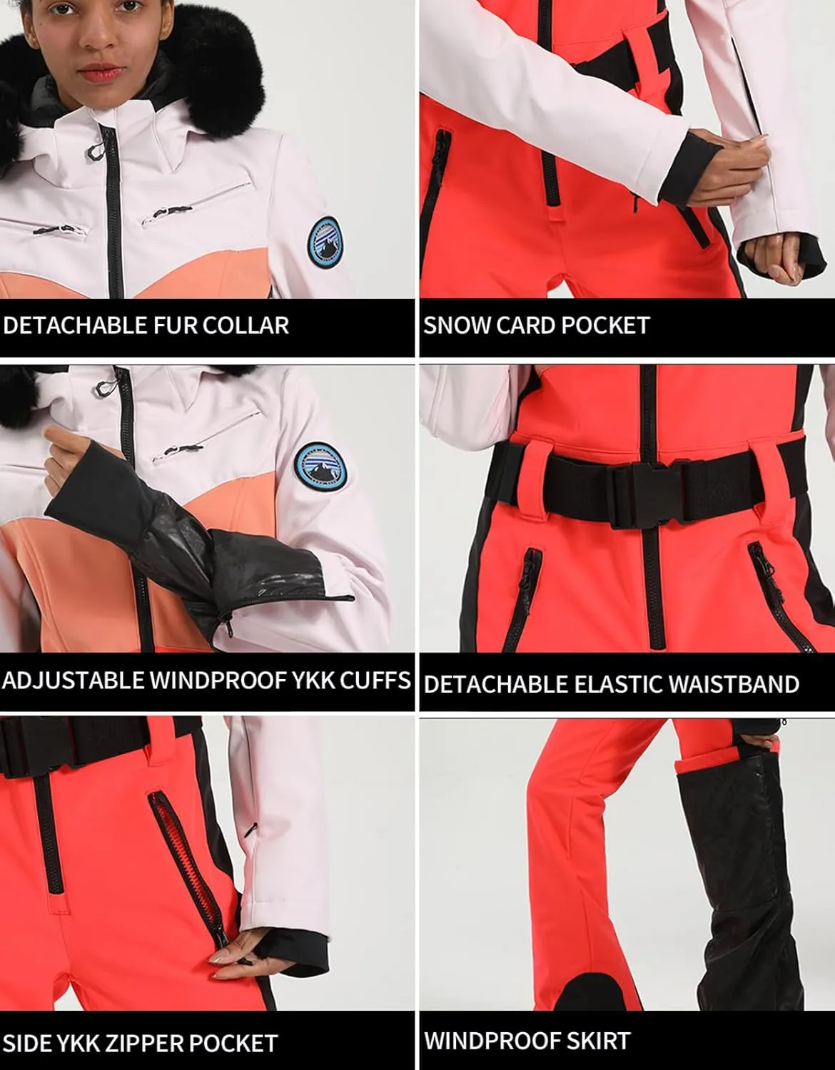 GSOU SNOW Ski Suit Womens One Piece Snowsuit Snowboard Jacket Slim Snow Jumpsuit Faux Fur Ski Outfit Waterproof Windproof