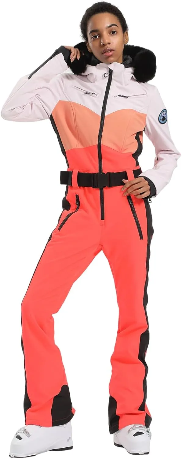 GSOU SNOW Ski Suit Womens One Piece Snowsuit Snowboard Jacket Slim Snow Jumpsuit Faux Fur Ski Outfit Waterproof Windproof