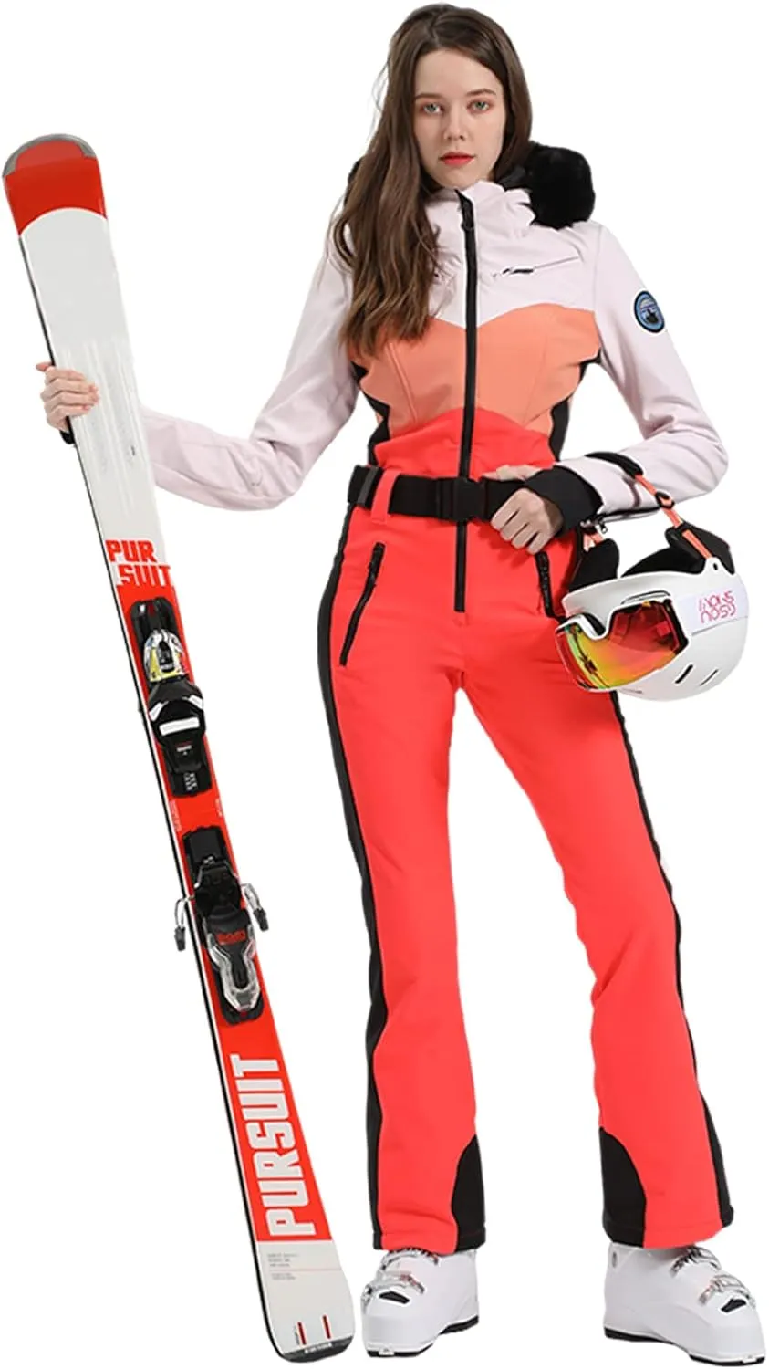 GSOU SNOW Ski Suit Womens One Piece Snowsuit Snowboard Jacket Slim Snow Jumpsuit Faux Fur Ski Outfit Waterproof Windproof