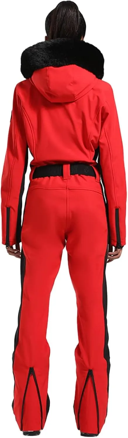 GSOU SNOW Ski Suit Womens One Piece Snowsuit Snowboard Jacket Slim Snow Jumpsuit Faux Fur Ski Outfit Waterproof Windproof