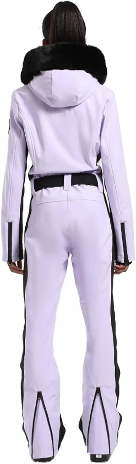 GSOU SNOW Ski Suit Womens One Piece Snowsuit Snowboard Jacket Slim Snow Jumpsuit Faux Fur Ski Outfit Waterproof Windproof