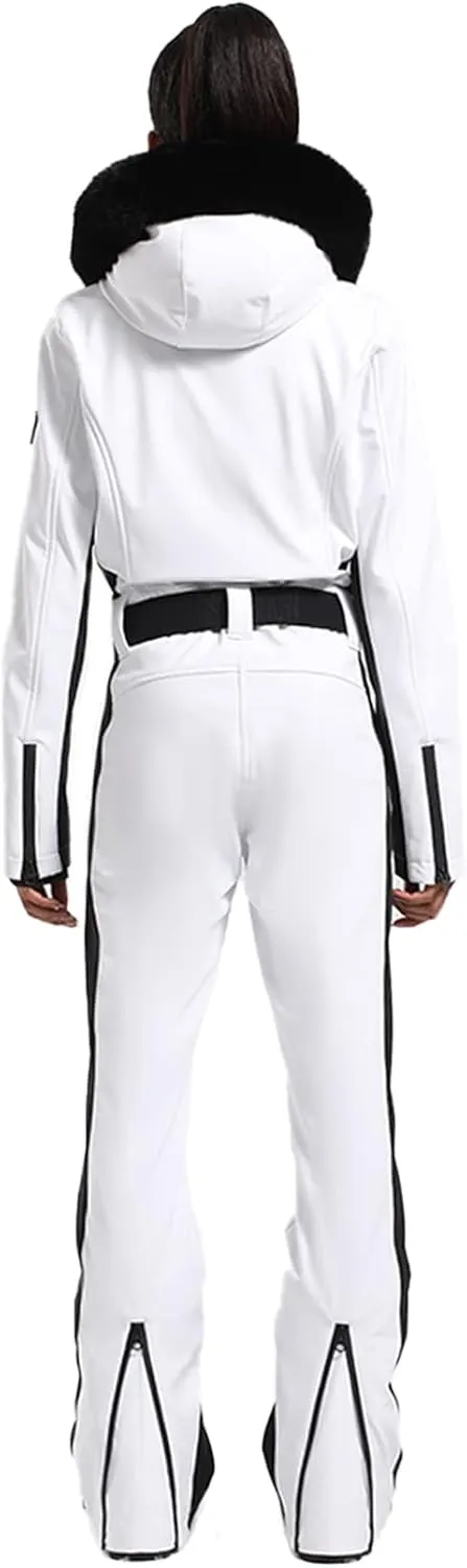 GSOU SNOW Ski Suit Womens One Piece Snowsuit Snowboard Jacket Slim Snow Jumpsuit Faux Fur Ski Outfit Waterproof Windproof