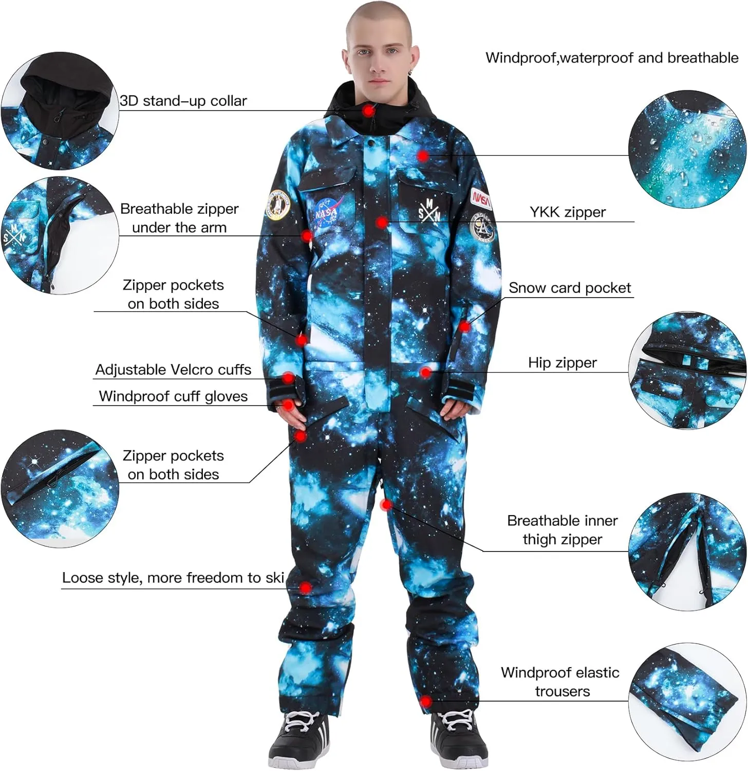 GSOU SNOW Ski Suits Women Men One Piece Snow Suits Waterproof Windproof Men Snowsuit Insulated Ski Jumpsuit for Snow Sports