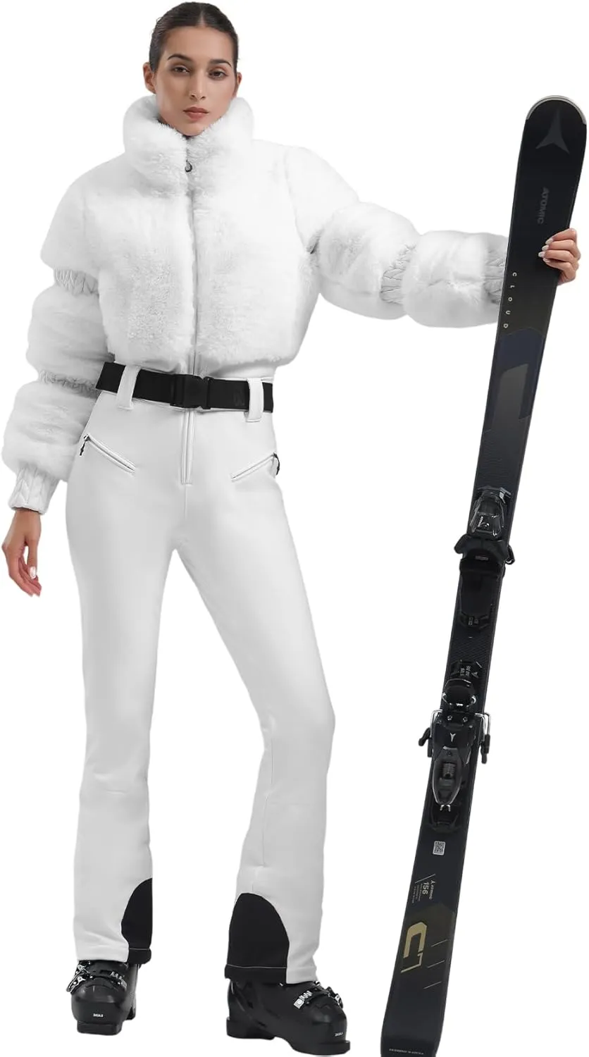 GSOU SNOW Women Ski Suit One Piece Snowsuit Snowboard Faux Fur Collar Slim Jumpsuit Jacket Insulated Windproof Outdoor Winter