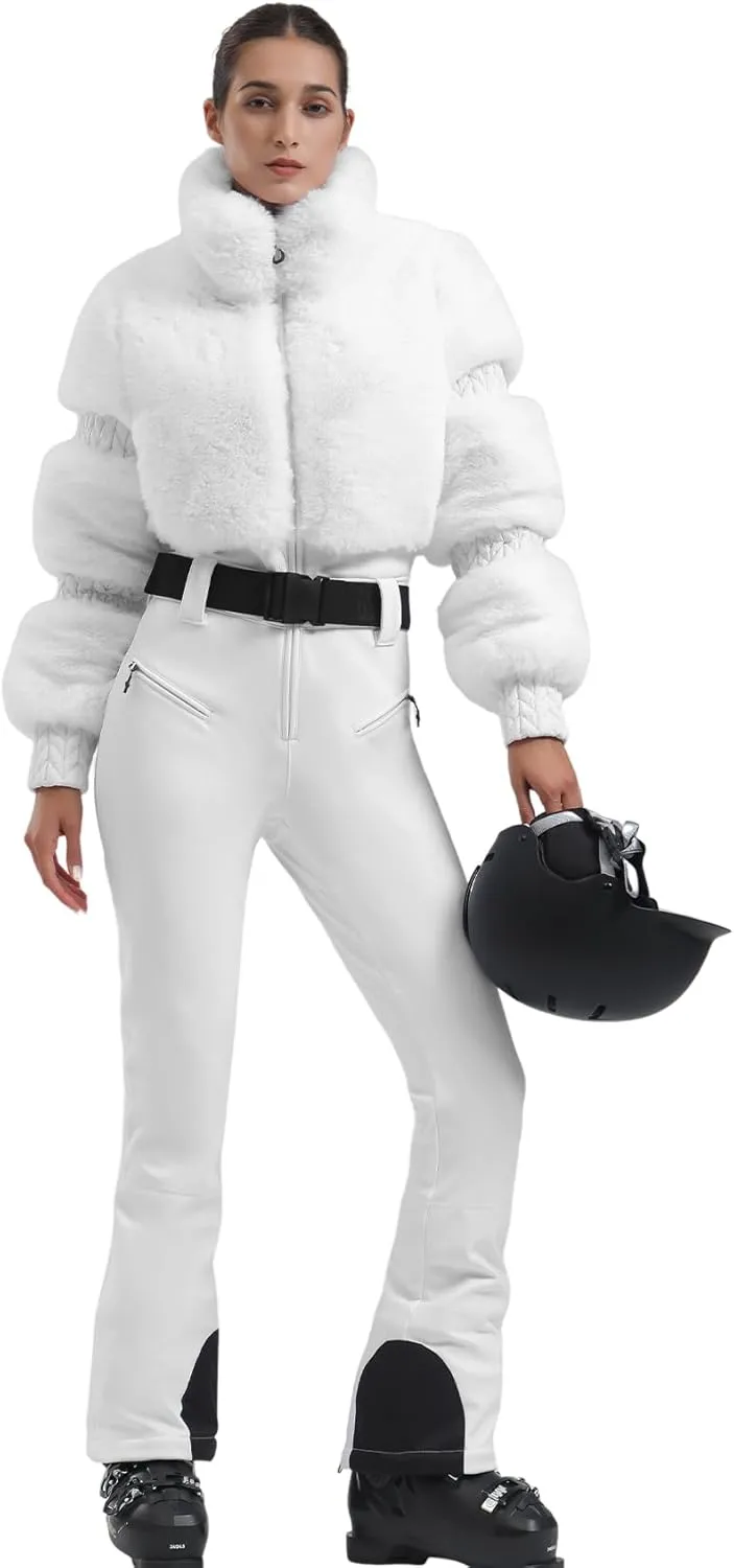 GSOU SNOW Women Ski Suit One Piece Snowsuit Snowboard Faux Fur Collar Slim Jumpsuit Jacket Insulated Windproof Outdoor Winter