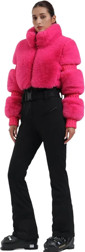 GSOU SNOW Women Ski Suit One Piece Snowsuit Snowboard Faux Fur Collar Slim Jumpsuit Jacket Insulated Windproof Outdoor Winter