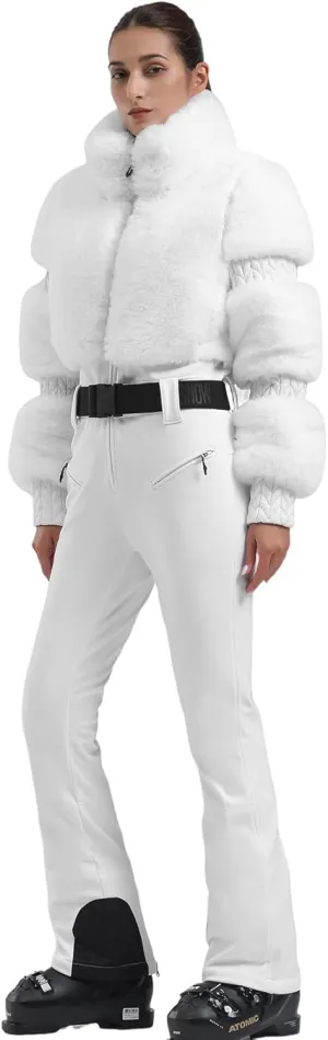 GSOU SNOW Women Ski Suit One Piece Snowsuit Snowboard Faux Fur Collar Slim Jumpsuit Jacket Insulated Windproof Outdoor Winter