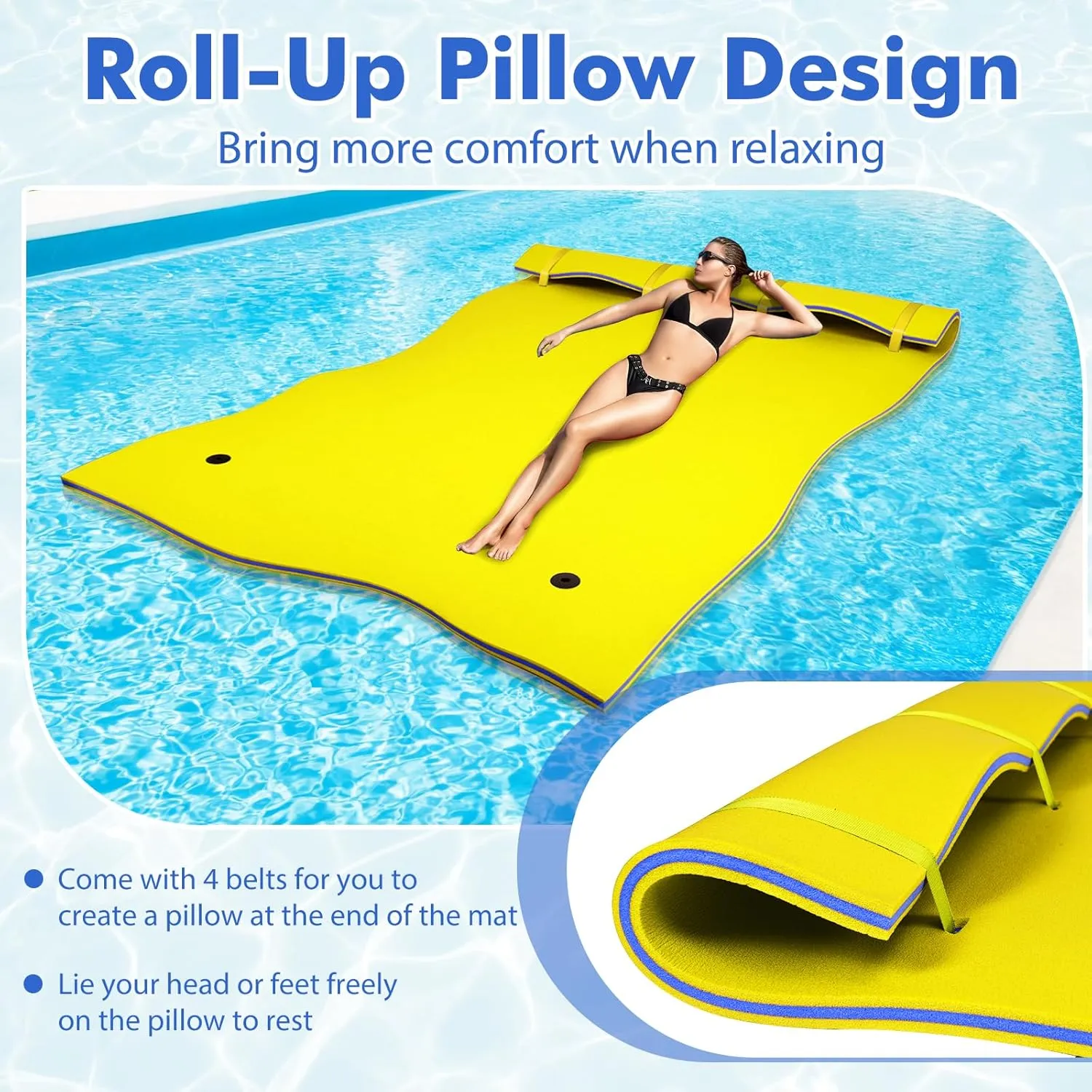 GYMAX Floating Water Pad, 9/18 FT x 6 FT Water Foam Mat with Rolling Pillow, 3-Layer Floating Island for Pool River Lake Beach Sea Activities