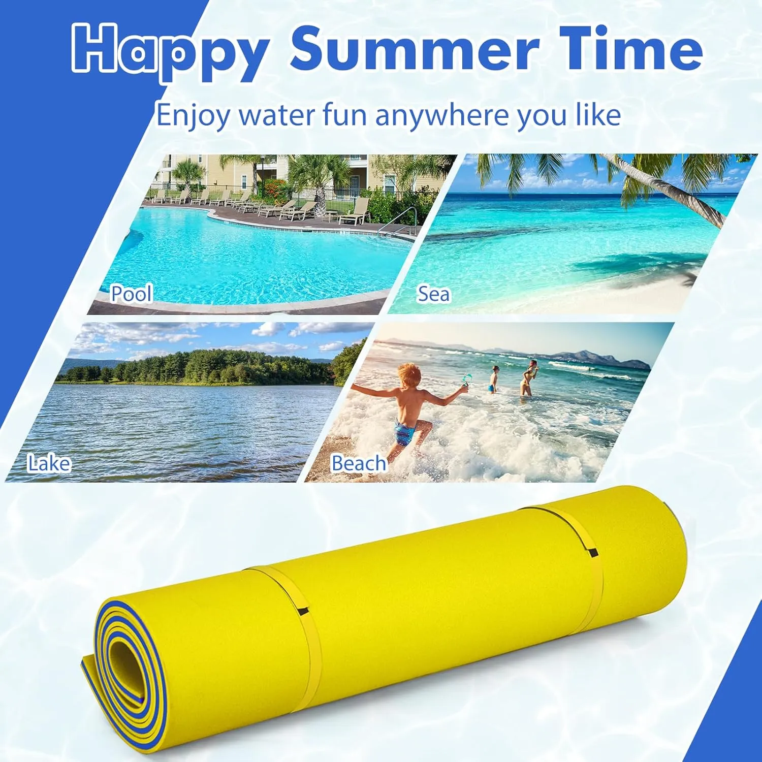 GYMAX Floating Water Pad, 9/18 FT x 6 FT Water Foam Mat with Rolling Pillow, 3-Layer Floating Island for Pool River Lake Beach Sea Activities