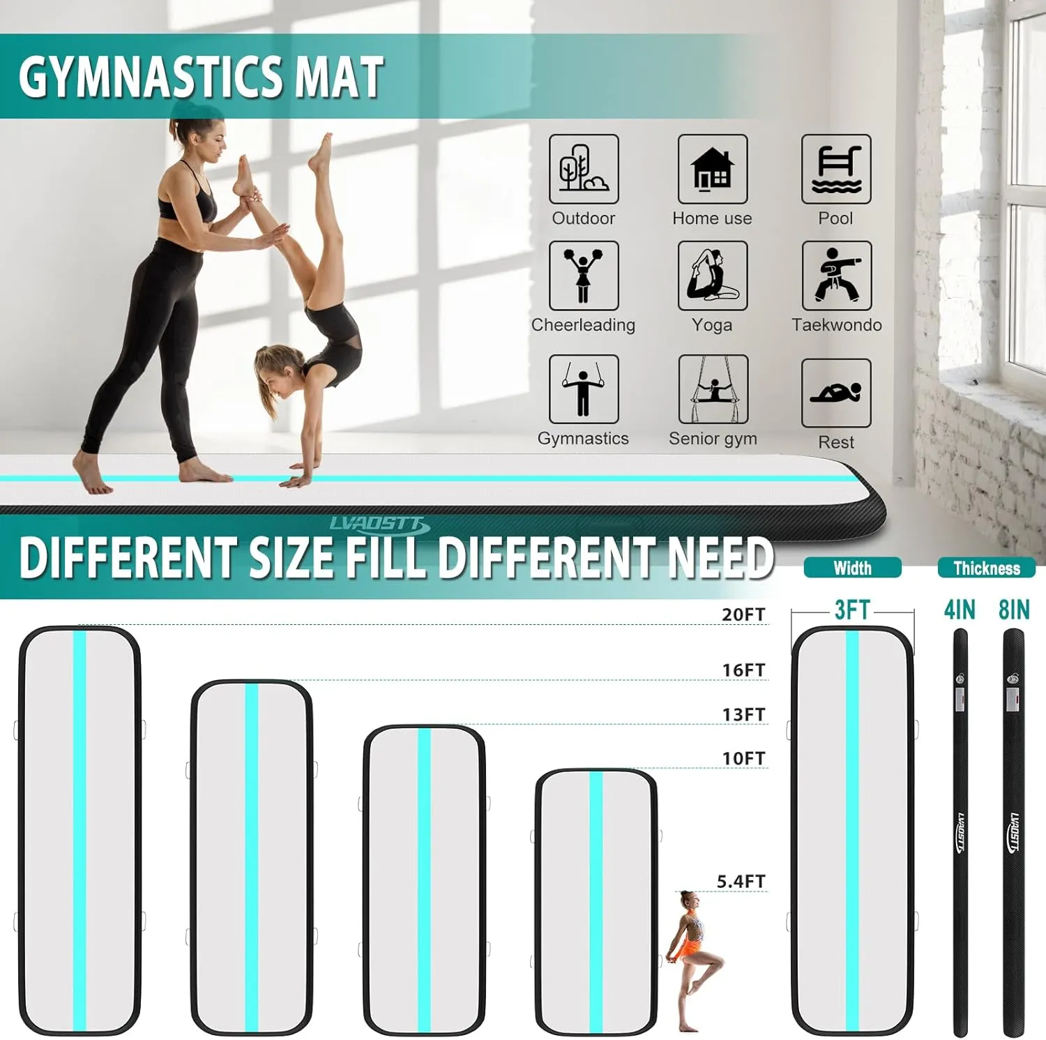 Gymnastics Air Tumbling Mat 13ft/16ft/20ft Tumble Track, Inflatable Tumbling Mat 4/8 inch Thickness with Electric Air Pump for Home Use/Tumbing Meditation/Cheerleading/Water Use