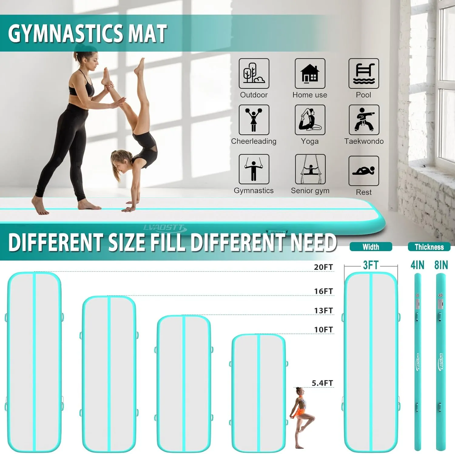 Gymnastics Air Tumbling Mat 13ft/16ft/20ft Tumble Track, Inflatable Tumbling Mat 4/8 inch Thickness with Electric Air Pump for Home Use/Tumbing Meditation/Cheerleading/Water Use
