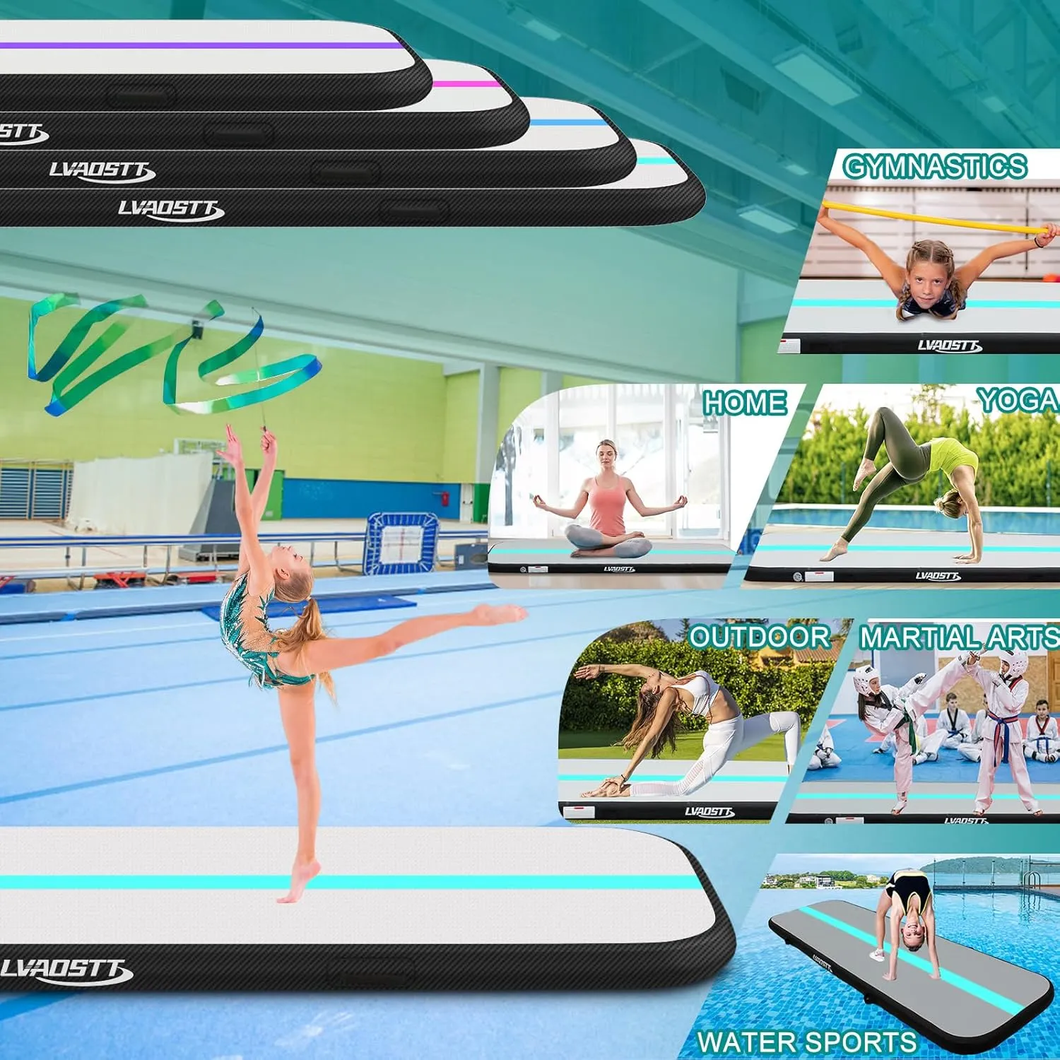 Gymnastics Air Tumbling Mat 13ft/16ft/20ft Tumble Track, Inflatable Tumbling Mat 4/8 inch Thickness with Electric Air Pump for Home Use/Tumbing Meditation/Cheerleading/Water Use