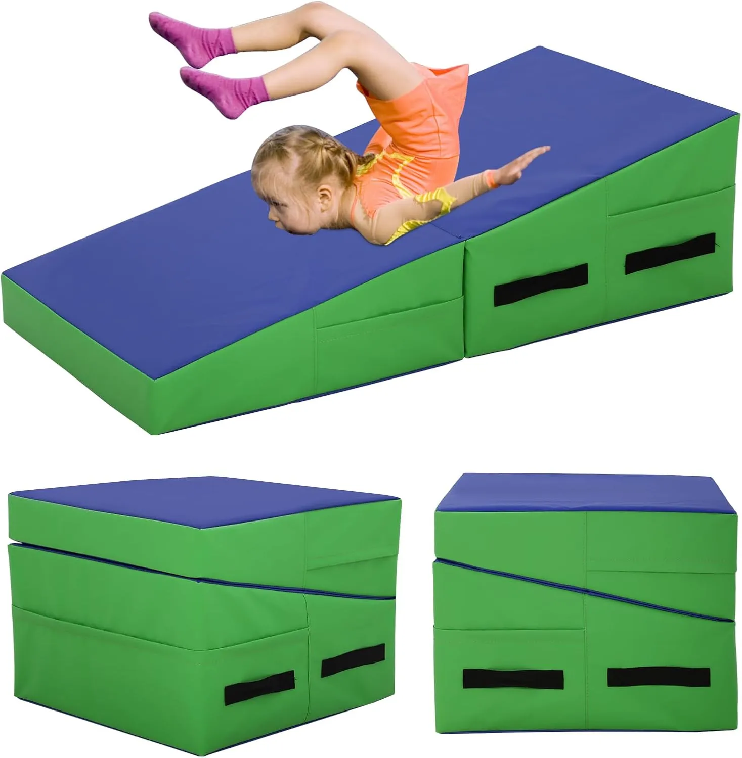 Gymnastics Mat 34”X24”X14” Incline Tumbling Mats for Home Gym, Folding Exercise Mat with Non-Slip PVC Surface & Handles, Cheese Wedge Mat for Kid Adults Workout, Blue
