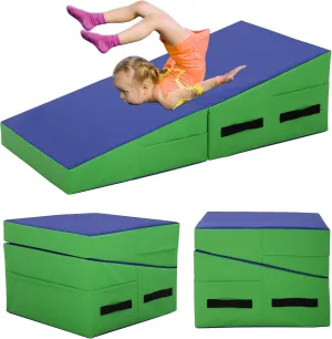 Gymnastics Mat 34”X24”X14” Incline Tumbling Mats for Home Gym, Folding Exercise Mat with Non-Slip PVC Surface & Handles, Cheese Wedge Mat for Kid Adults Workout, Blue