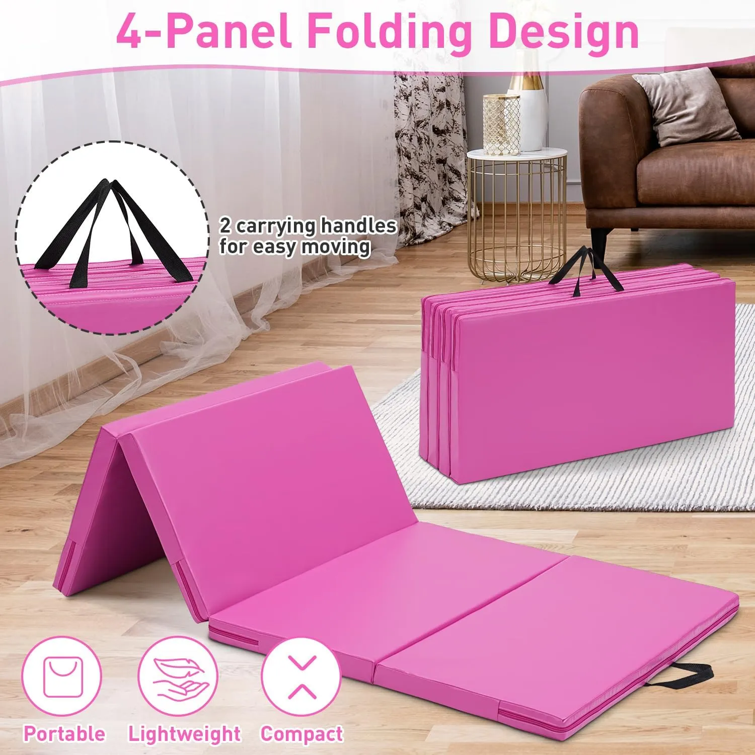 Gymnastics Mat, 3'x6'/4'x8' Thick Folding Kids' Gymnastic Tumbling Mat with Carrying Handles for Home Gym Exercise & Play