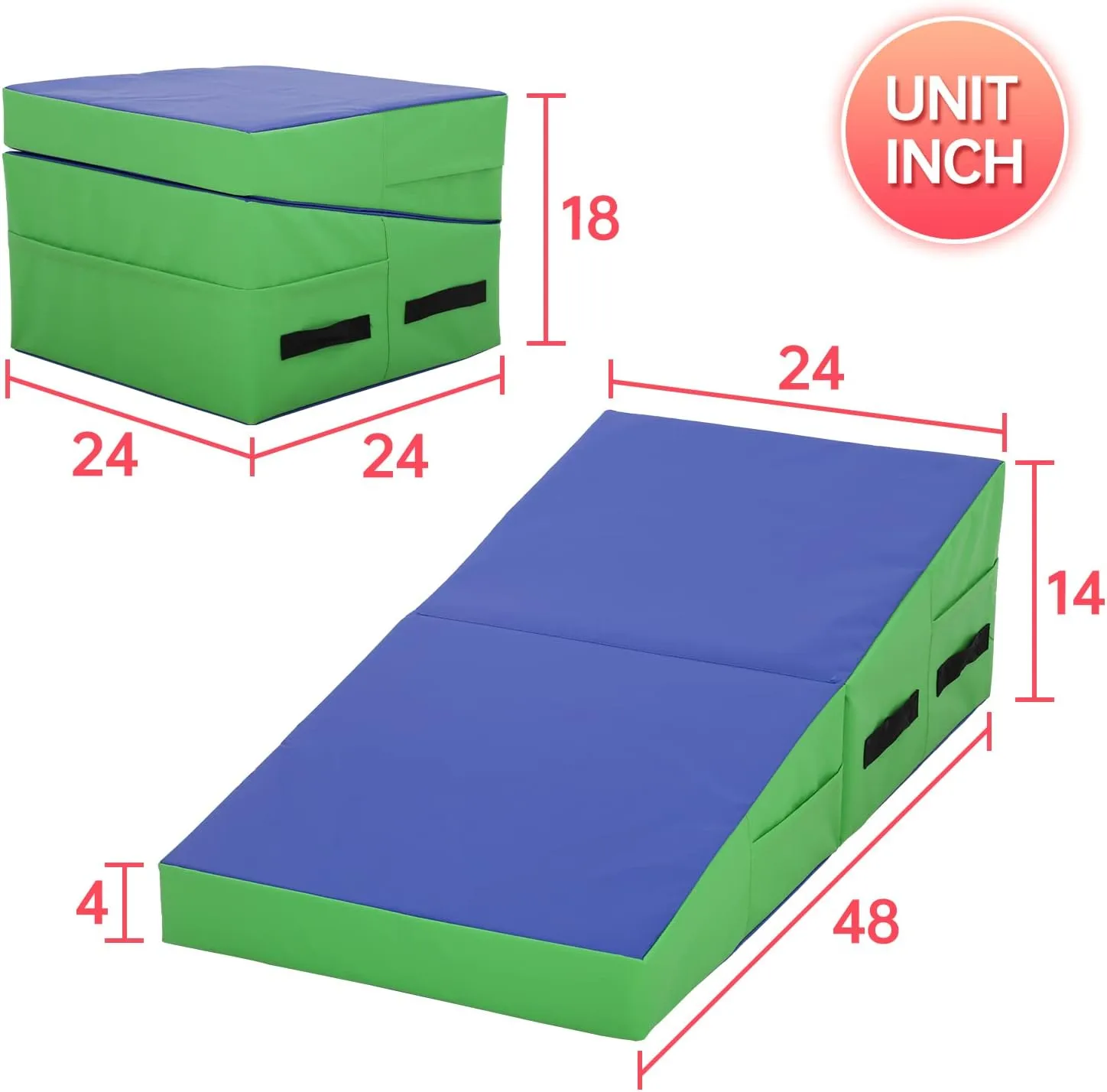 Gymnastics Mat 48”X24”X14” Incline Tumbling Mats for Home Gym, Folding Exercise Mat with Non-Slip PVC Surface & Handles, Cheese Wedge Mat for Kid Adults Workout