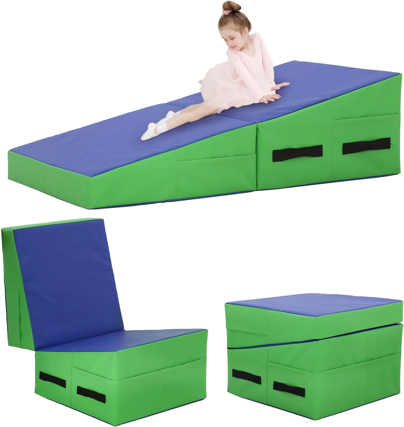 Gymnastics Mat 48”X24”X14” Incline Tumbling Mats for Home Gym, Folding Exercise Mat with Non-Slip PVC Surface & Handles, Cheese Wedge Mat for Kid Adults Workout