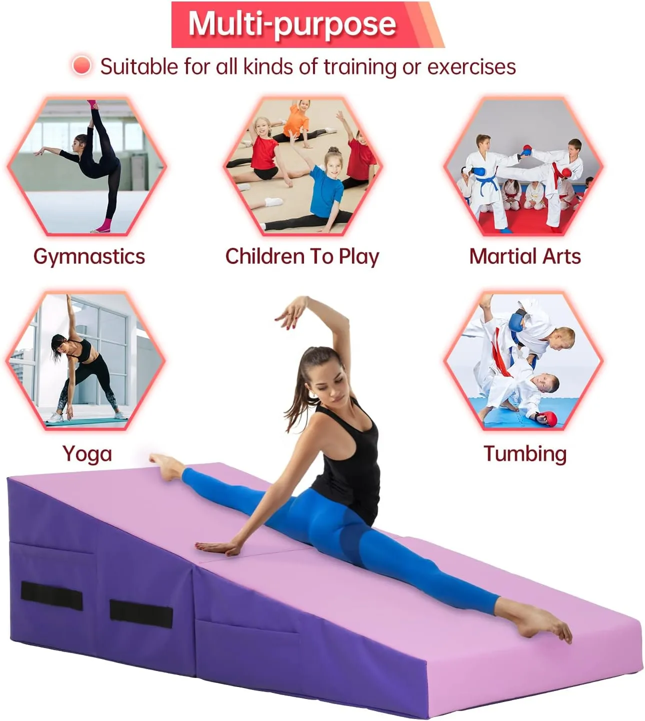 Gymnastics Mat 48”X24”X14” Incline Tumbling Mats for Home Gym, Folding Exercise Mat with Non-Slip PVC Surface & Handles, Cheese Wedge Mat for Kid Adults Workout
