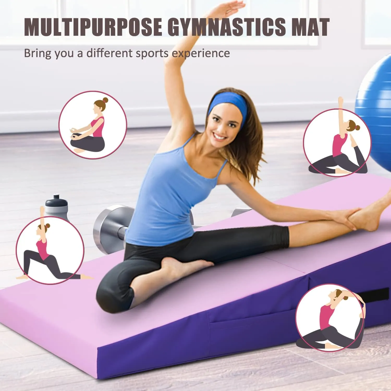 Gymnastics Mat Tumbling Mat for Home 48"x24" Incline Mat with Handles Folding Wedge mats for Tumbling Yoga,Gym,Core Workouts,Stretching