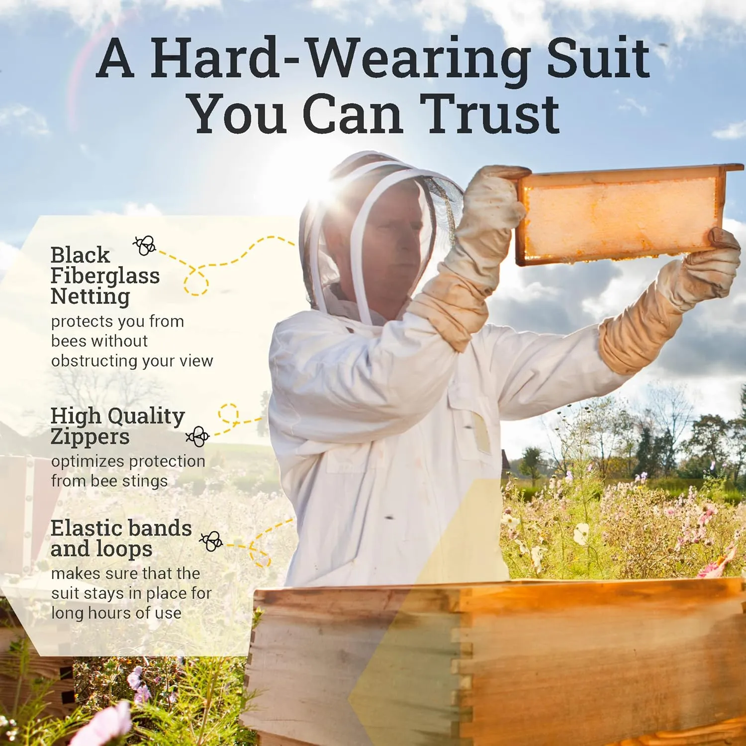 Heavy Duty Bee Suit with Easy Veil- Extra Thick 100% Cotton Bee Suit Sting-Proof Protection Pro Beekeeper Suit Bee Keeper Bee Keeping Suit Complete Professional Bee Suit with Gloves 6XL