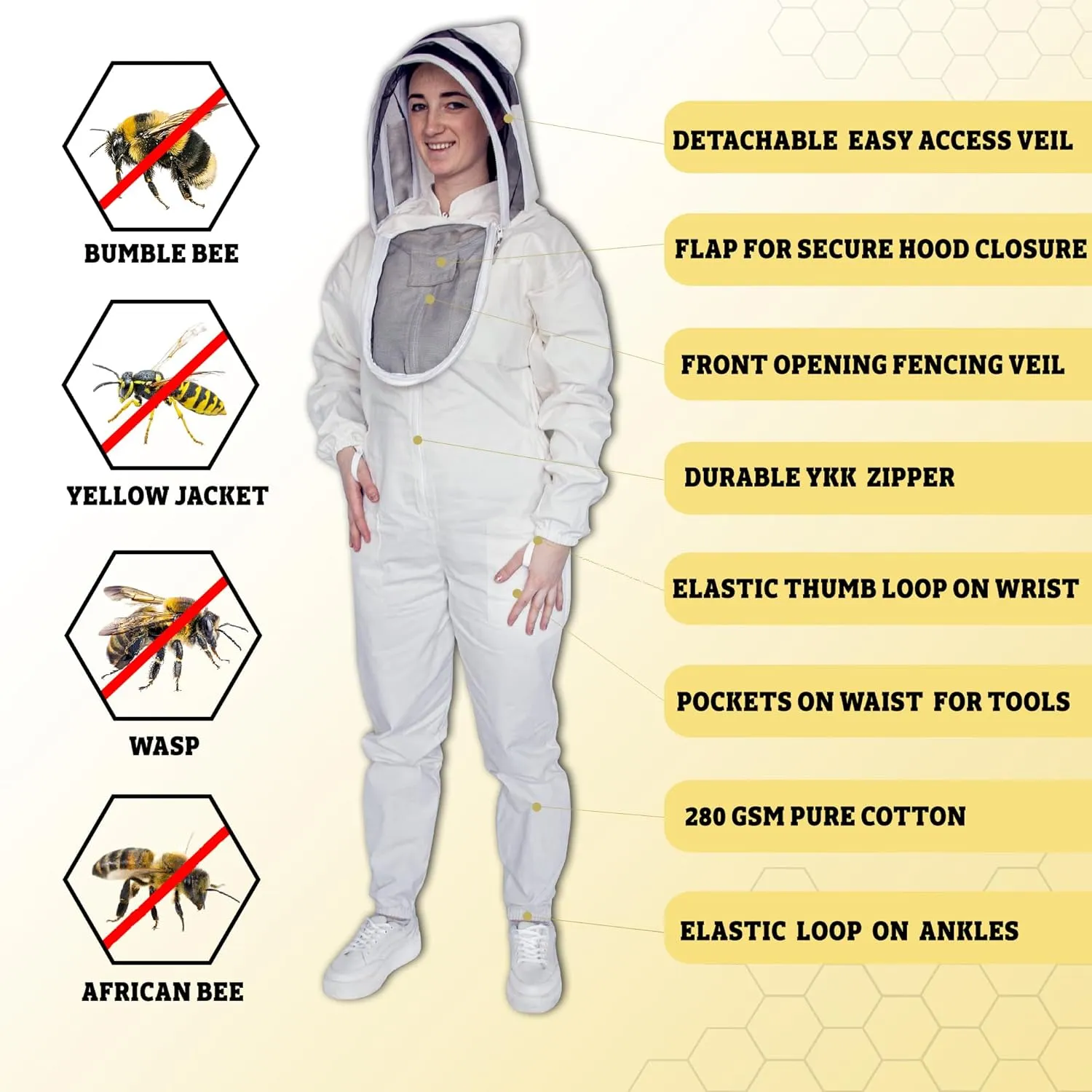 Heavy Duty Bee Suit with Easy Veil- Extra Thick 100% Cotton Bee Suit Sting-Proof Protection Pro Beekeeper Suit Bee Keeper Bee Keeping Suit Complete Professional Bee Suit with Gloves 6XL