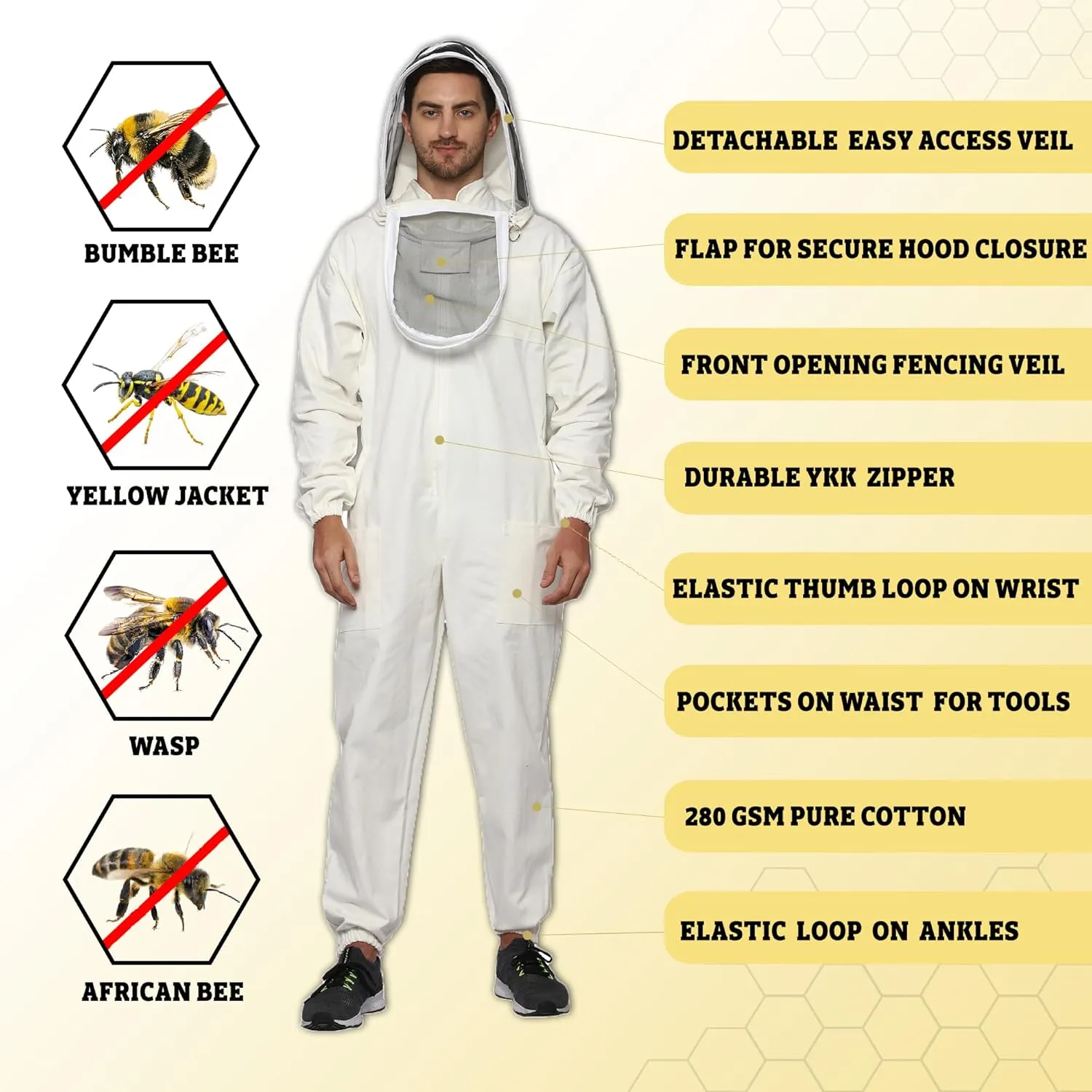 Heavy Duty Bee Suit with Easy Veil- Extra Thick 100% Cotton Bee Suit Sting-Proof Protection Pro Beekeeper Suit Bee Keeper Bee Keeping Suit Complete Professional Bee Suit with Gloves 6XL