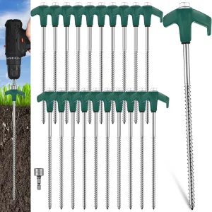 Hicarer 20 Pcs 20 Pcs 8'' Screw in Tent Stakes Heavy Duty Ground Metal Stakes for Inflatables with Hex Head Driver for Outdoor Camping Tent Inflatable Garden Decor (Dark Green)