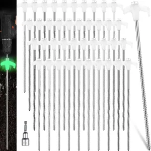 Hicarer 40 Pcs 12 Inch Tent Stakes Screw in Camping Stakes Heavy Duty Metal Spikes Ground Anchor Peg Threaded Tent Spikes with Hex Head Driver for Camping Garden Inflatable (Luminous White)