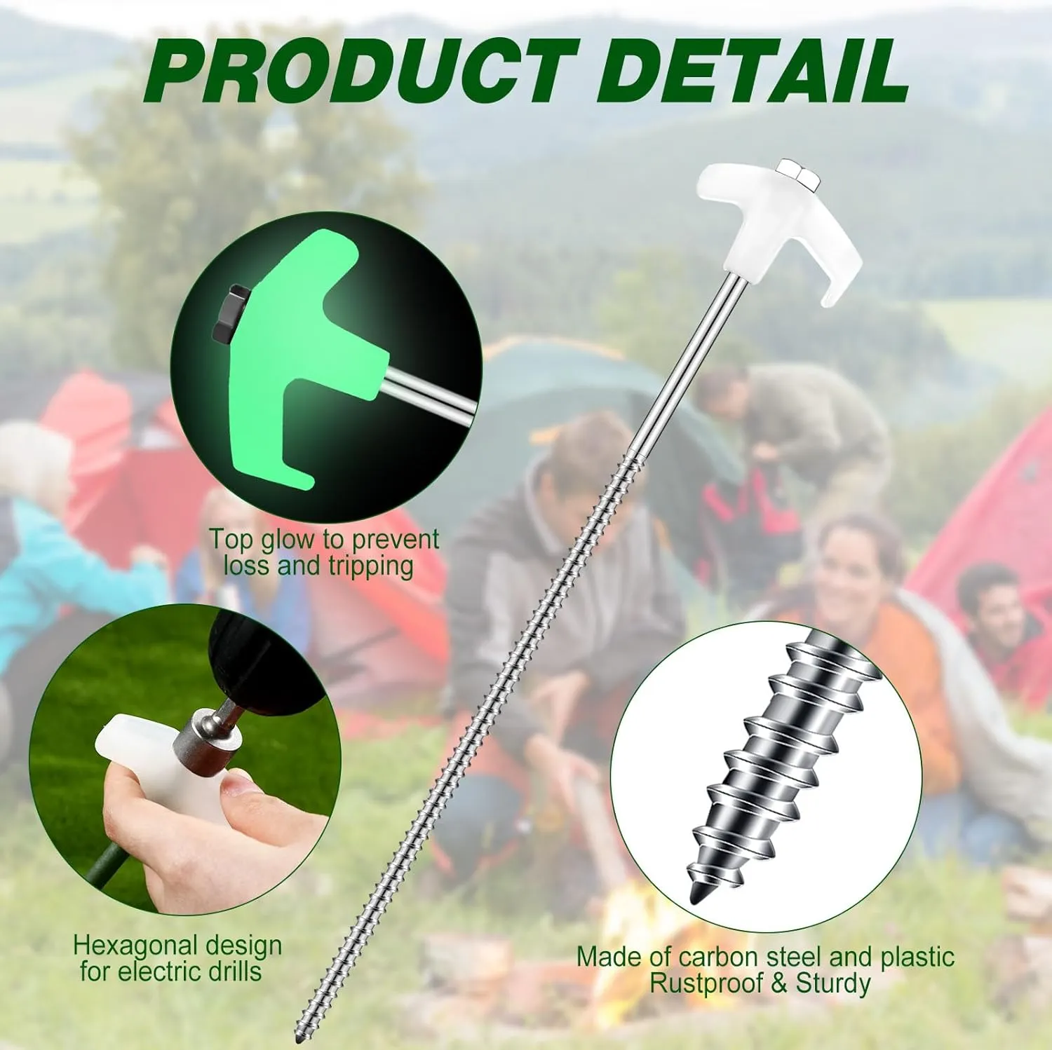 Hicarer 40 Pcs 12 Inch Tent Stakes Screw in Camping Stakes Heavy Duty Metal Spikes Ground Anchor Peg Threaded Tent Spikes with Hex Head Driver for Camping Garden Inflatable (Luminous White)