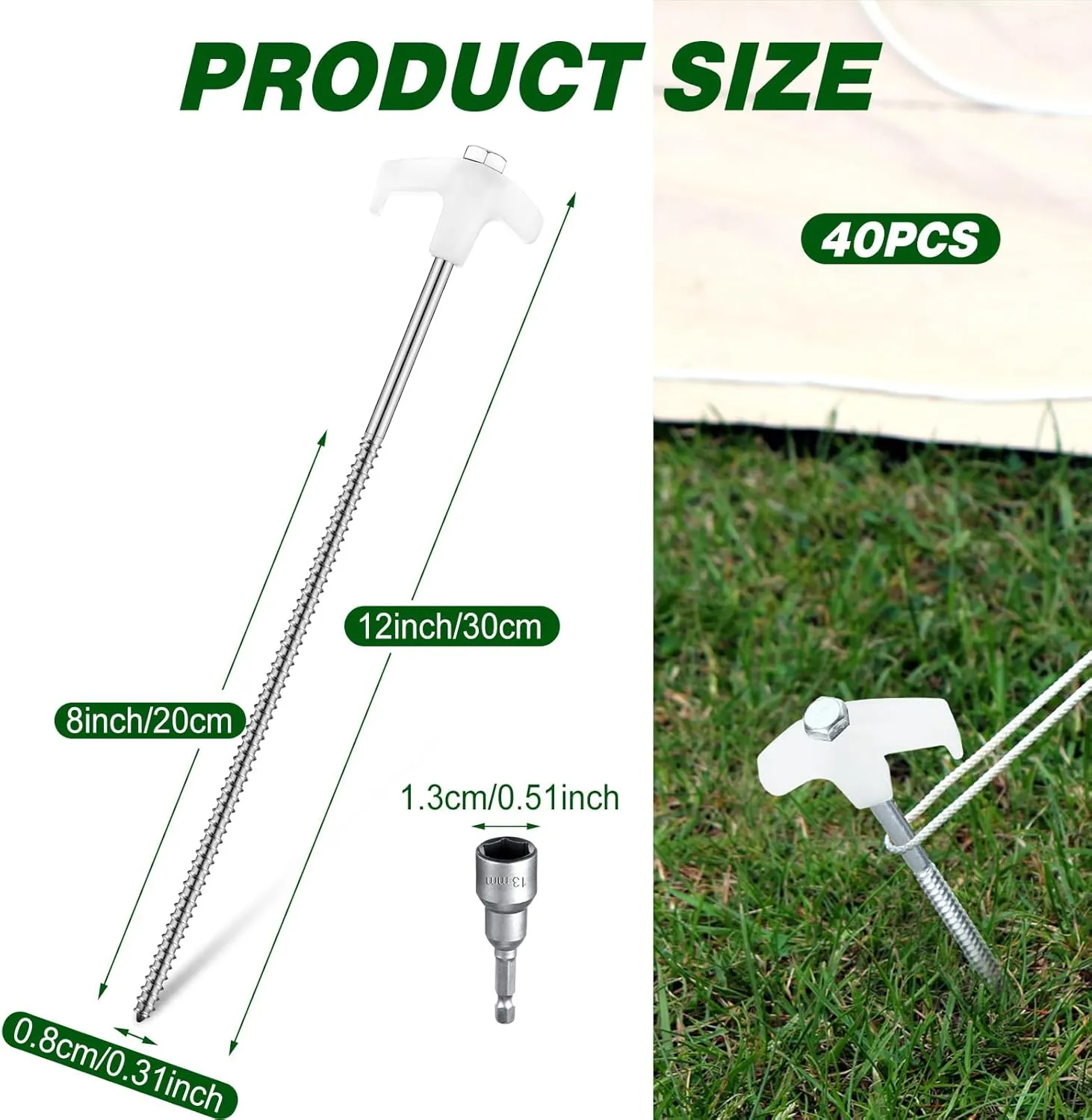 Hicarer 40 Pcs 12 Inch Tent Stakes Screw in Camping Stakes Heavy Duty Metal Spikes Ground Anchor Peg Threaded Tent Spikes with Hex Head Driver for Camping Garden Inflatable (Luminous White)