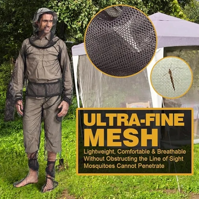 HOMEYA Bug Jacket S/M, Anti Mosquito Netting Suit with Zipper on Hood Ultra-fine Mesh Pants Mitt Socks with Free Carry Pouch for Protecting Hunting Fishing Men Women