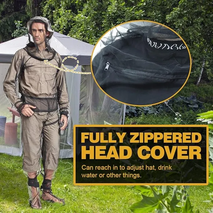 HOMEYA Bug Jacket S/M, Anti Mosquito Netting Suit with Zipper on Hood Ultra-fine Mesh Pants Mitt Socks with Free Carry Pouch for Protecting Hunting Fishing Men Women