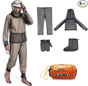 HOMEYA Bug Jacket S/M, Anti Mosquito Netting Suit with Zipper on Hood Ultra-fine Mesh Pants Mitt Socks with Free Carry Pouch for Protecting Hunting Fishing Men Women