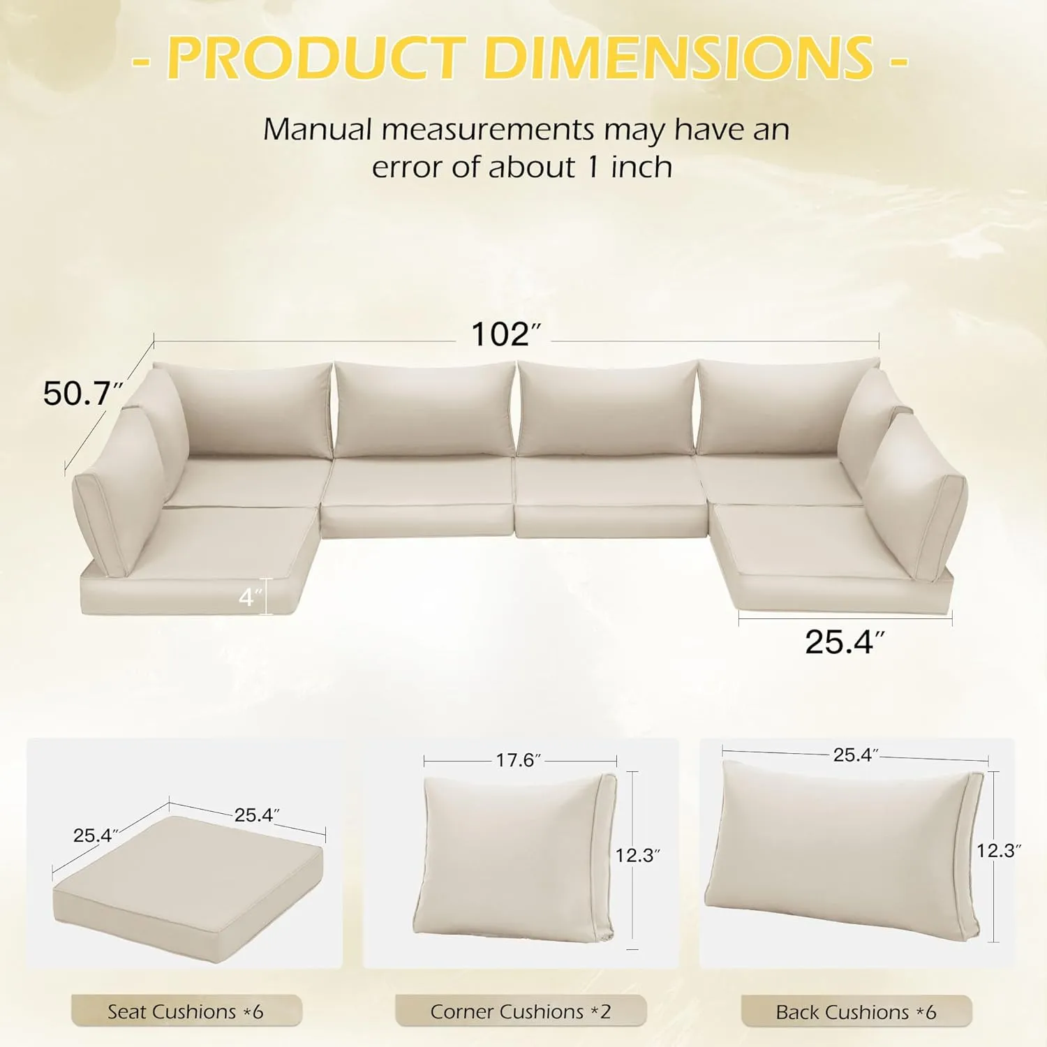 HOMREST Outdoor Replacement Cushions for Patio Furniture,Water-Repellent Sofa Cushion for 6-Seat Rattan Wicker Sectional Patio Conversation Sets,14-Piece Cushions Set for Outdoor Couch（Beige）