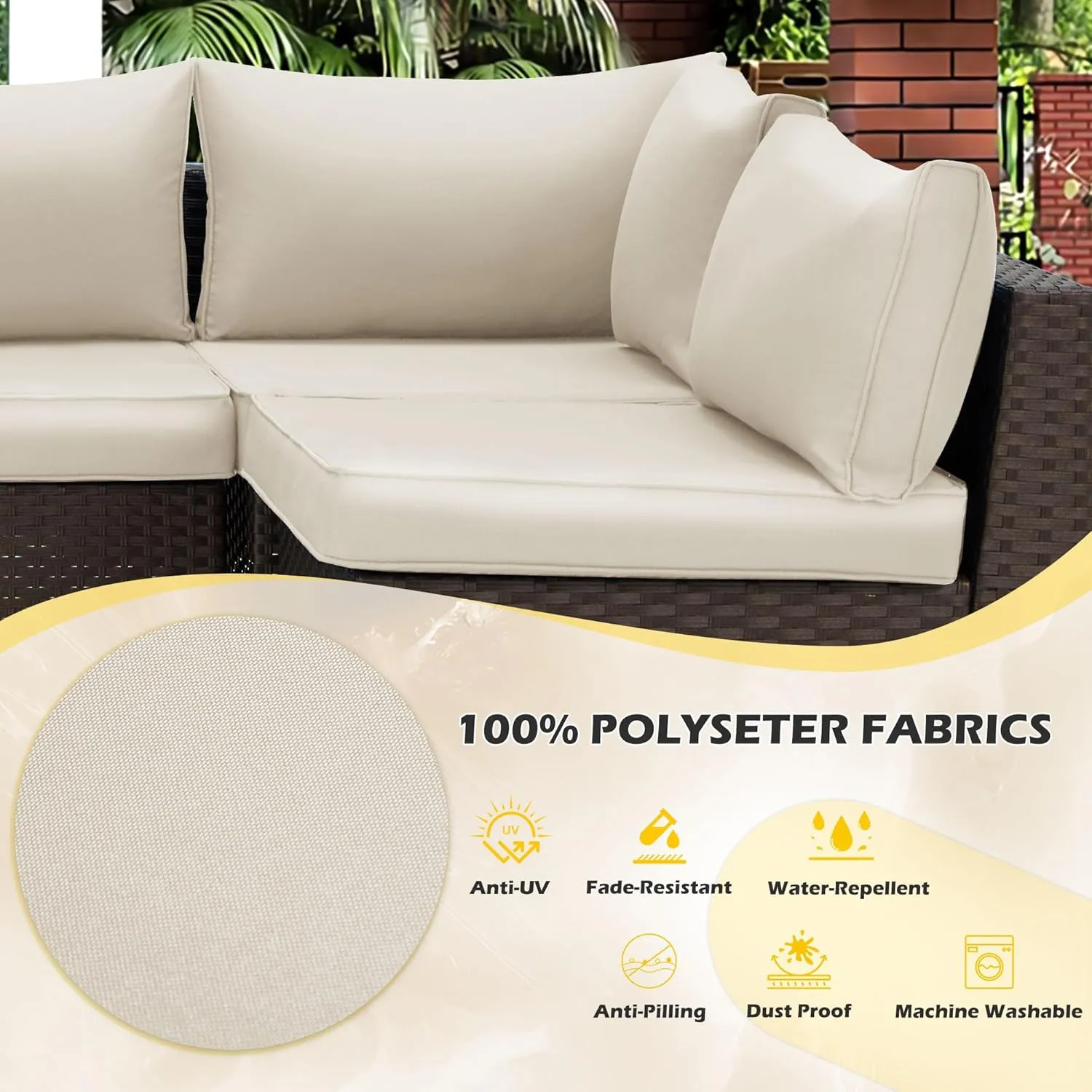 HOMREST Outdoor Replacement Cushions for Patio Furniture,Water-Repellent Sofa Cushion for 6-Seat Rattan Wicker Sectional Patio Conversation Sets,14-Piece Cushions Set for Outdoor Couch（Beige）