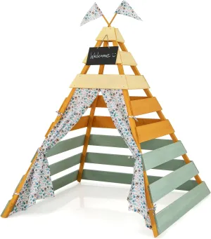 HONEY JOY Teepee Tent for Kids, Large Kids Play Tent w/Fir Wood Frame, Removable Chalkboard & Flags, Indoor Outdoor Playhouse Toddler Tent, 53.5" x 53" x 67", Kids Tent for Boys Girls 3-8 Years Old