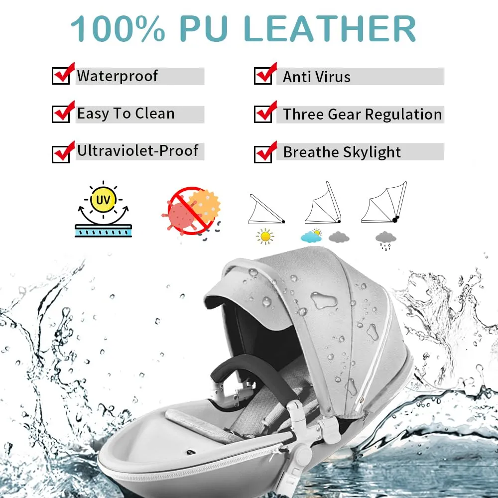 Hot Mom 2 Ultra Baby Stroller 360 Rotation Function,Baby Carriage Pu Leather Pushchair Stylish and Convenient Pram 2024 (Grey)