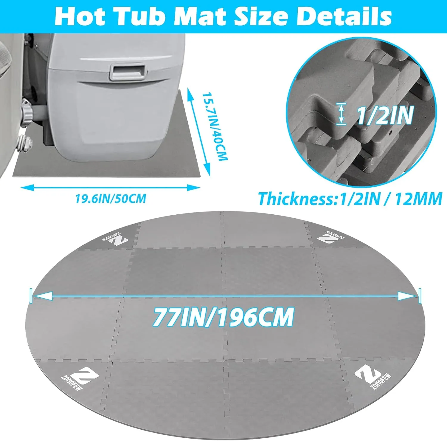 Hot Tub Mat for Inflatable Tub, 77IN Hot Tub Pad Foundation, Upgraded Thickened Eva Foam Padding for Outdoor Hot Tubs | Interlocking Patio Tiles Outdoor (1/2" Thickness)