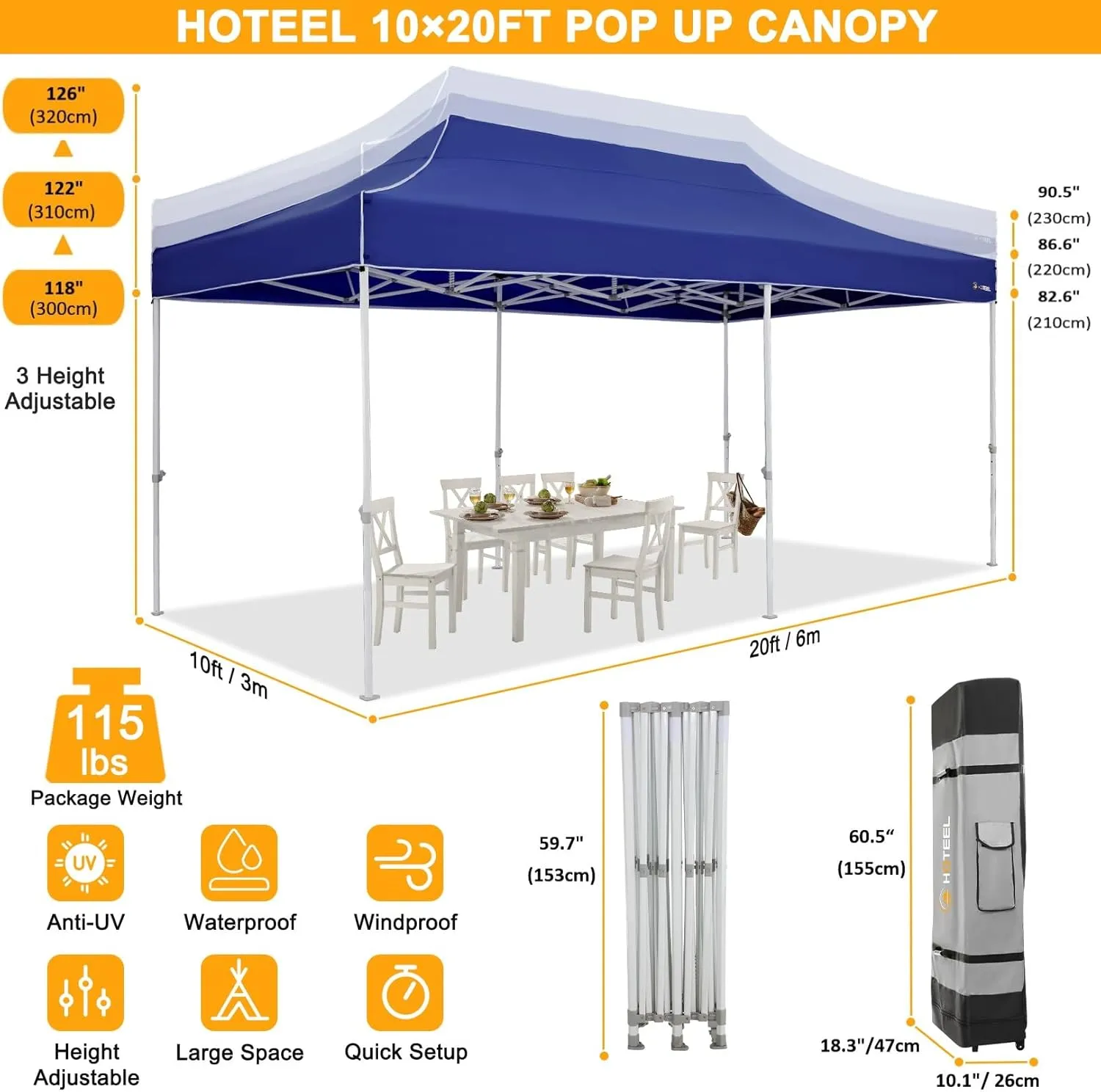 HOTEEL 10x20 Heavy Duty Pop Up Canopy Tent for Parties Event Wedding Commercial Instant Canopy with Roller Bag, Party Tent Waterproof UV 50 &Windproof, Upgraded Thick Hexagonal Legs, Deep Blue