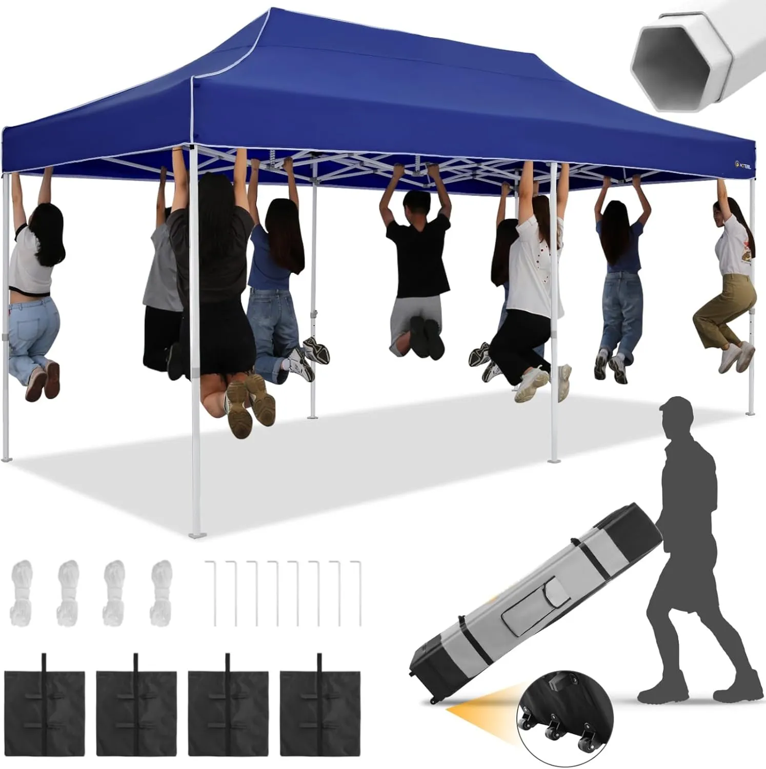 HOTEEL 10x20 Heavy Duty Pop Up Canopy Tent for Parties Event Wedding Commercial Instant Canopy with Roller Bag, Party Tent Waterproof UV 50 &Windproof, Upgraded Thick Hexagonal Legs, Deep Blue